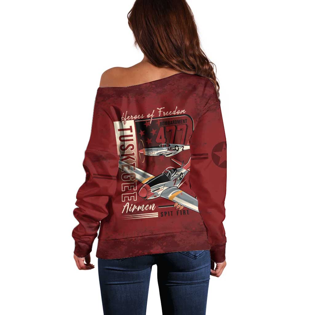 Tuskegee Airmen Spit Fire 477th Off Shoulder Sweater Crimson Grunge - Wonder Print Shop