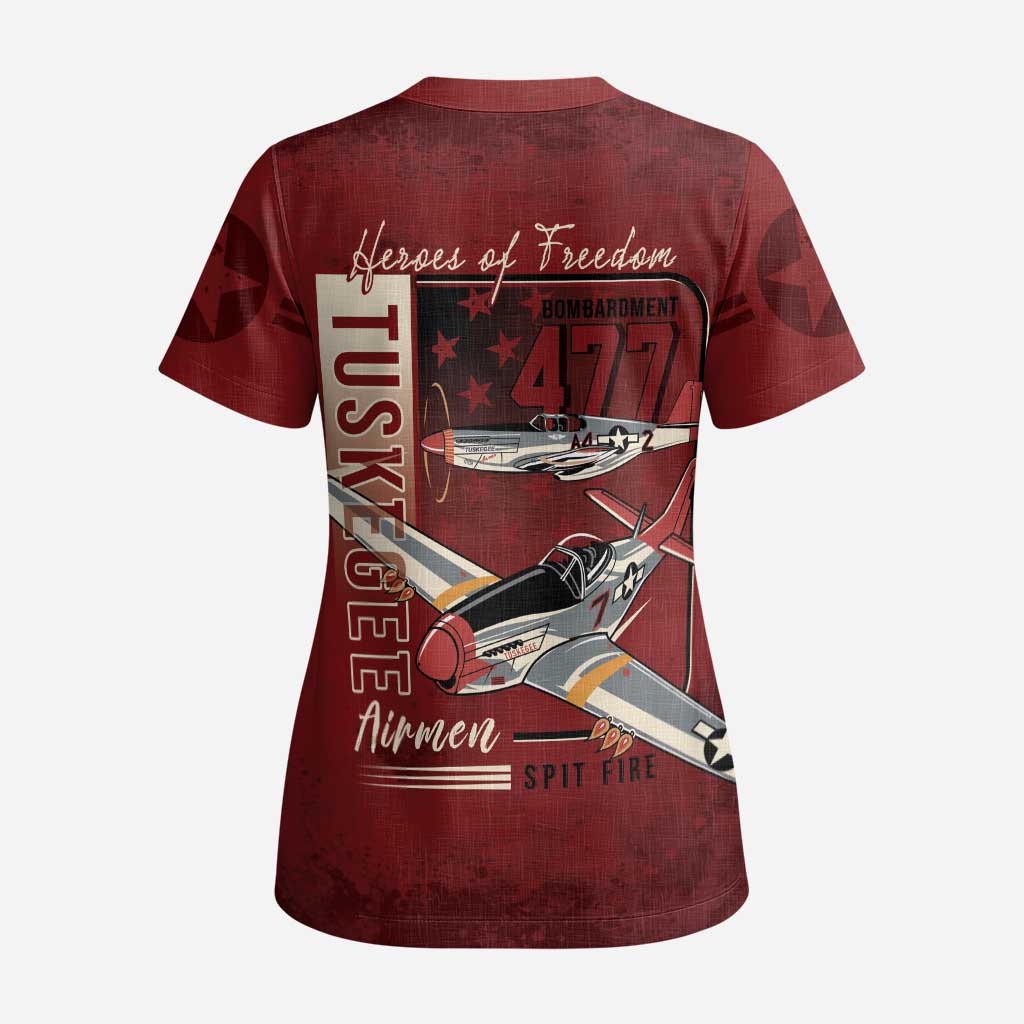 Tuskegee Airmen Spit Fire 477th Scrub Top Crimson Grunge - Wonder Print Shop