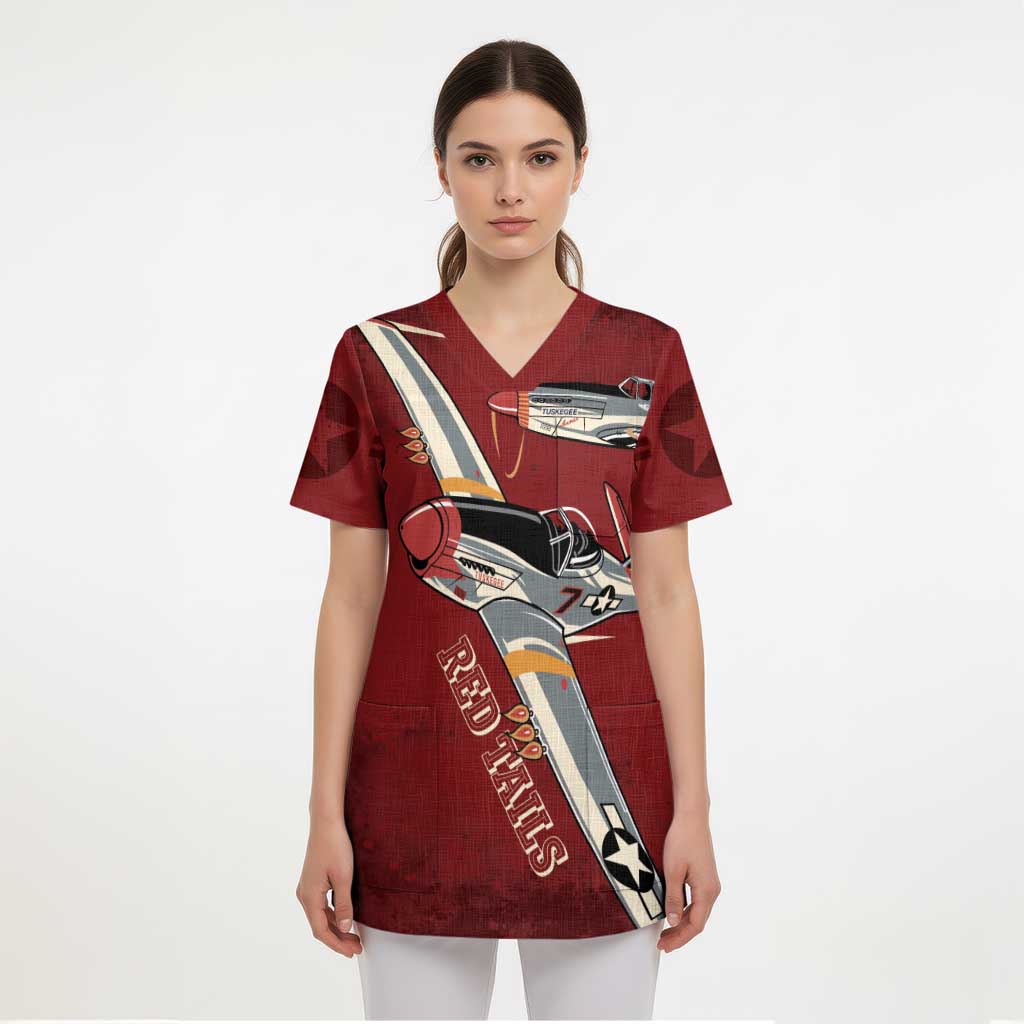 Tuskegee Airmen Spit Fire 477th Scrub Top Crimson Grunge - Wonder Print Shop