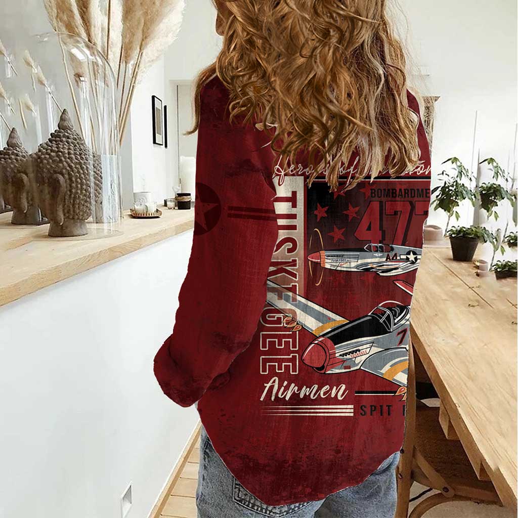Tuskegee Airmen Spit Fire 477th Women Casual Shirt Crimson Grunge - Wonder Print Shop