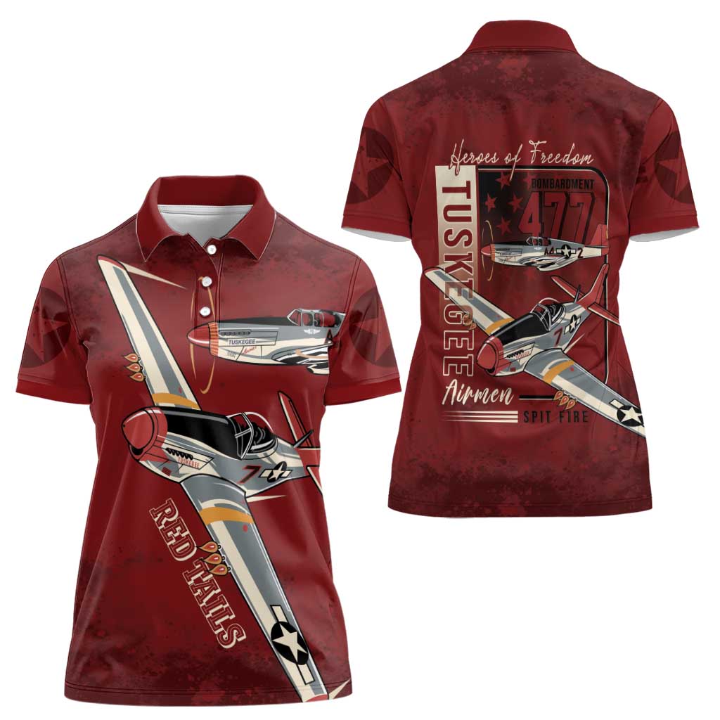 Tuskegee Airmen Spit Fire 477th Women Polo Shirt Crimson Grunge - Wonder Print Shop