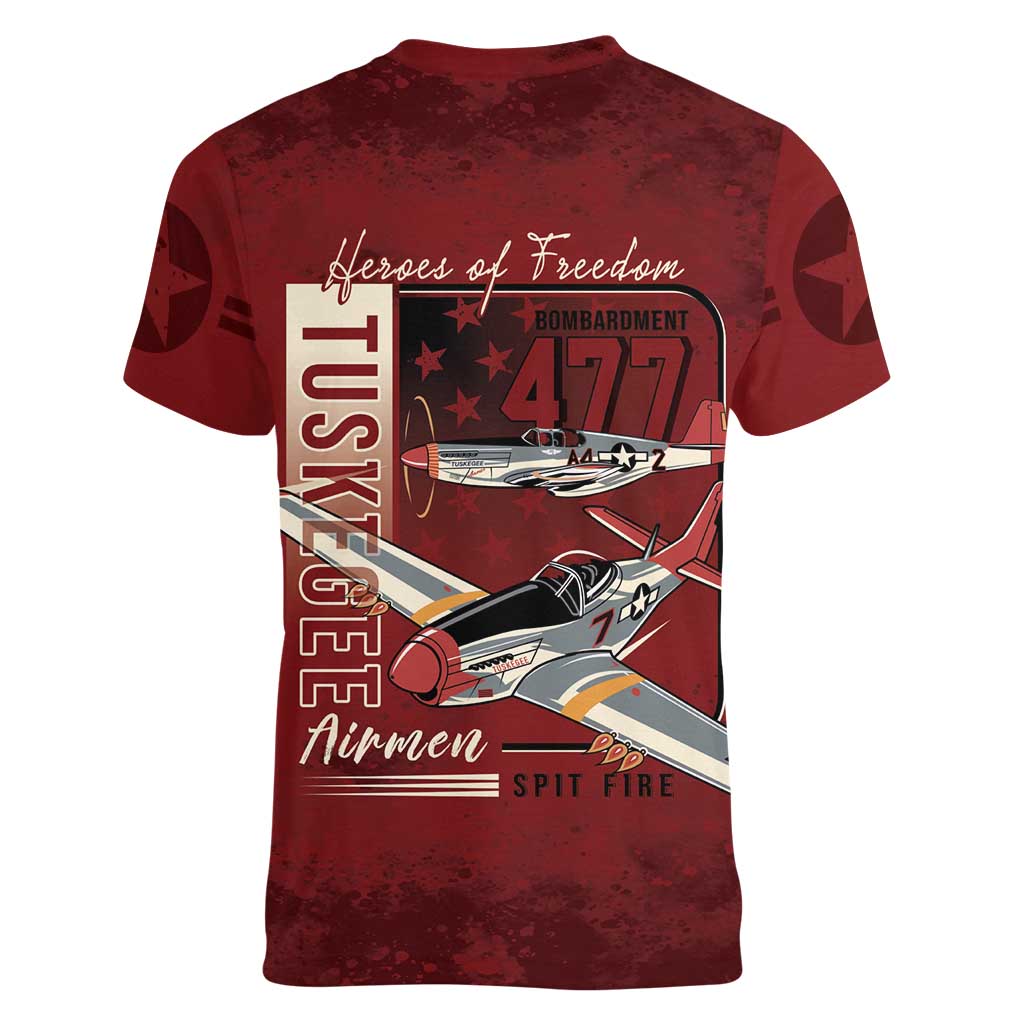 Tuskegee Airmen Spit Fire 477th Women V-Neck T-Shirt Crimson Grunge - Wonder Print Shop