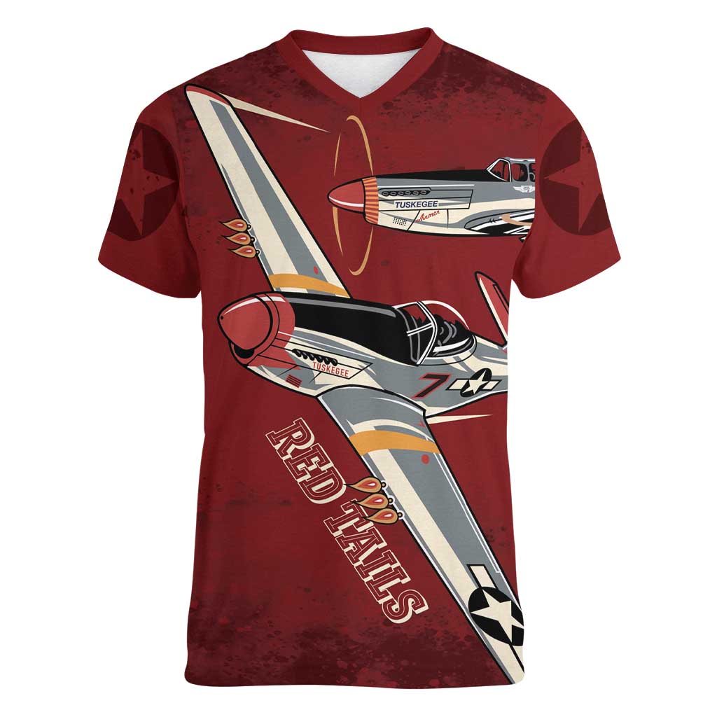 Tuskegee Airmen Spit Fire 477th Women V-Neck T-Shirt Crimson Grunge - Wonder Print Shop