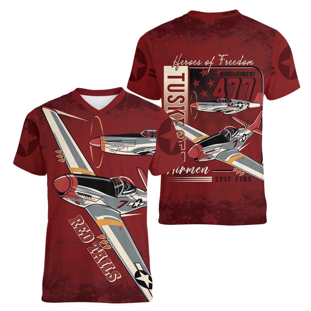 Tuskegee Airmen Spit Fire 477th Women V-Neck T-Shirt Crimson Grunge - Wonder Print Shop