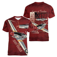 Tuskegee Airmen Spit Fire 477th Women V-Neck T-Shirt Crimson Grunge - Wonder Print Shop