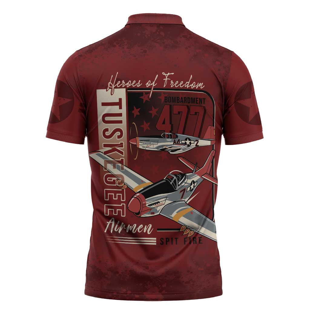 Tuskegee Airmen Spit Fire 477th Zipper Polo Shirt Crimson Grunge - Wonder Print Shop