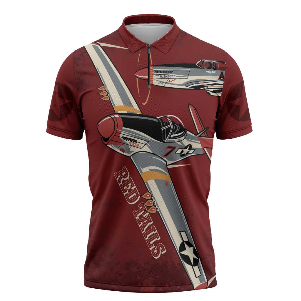 Tuskegee Airmen Spit Fire 477th Zipper Polo Shirt Crimson Grunge - Wonder Print Shop