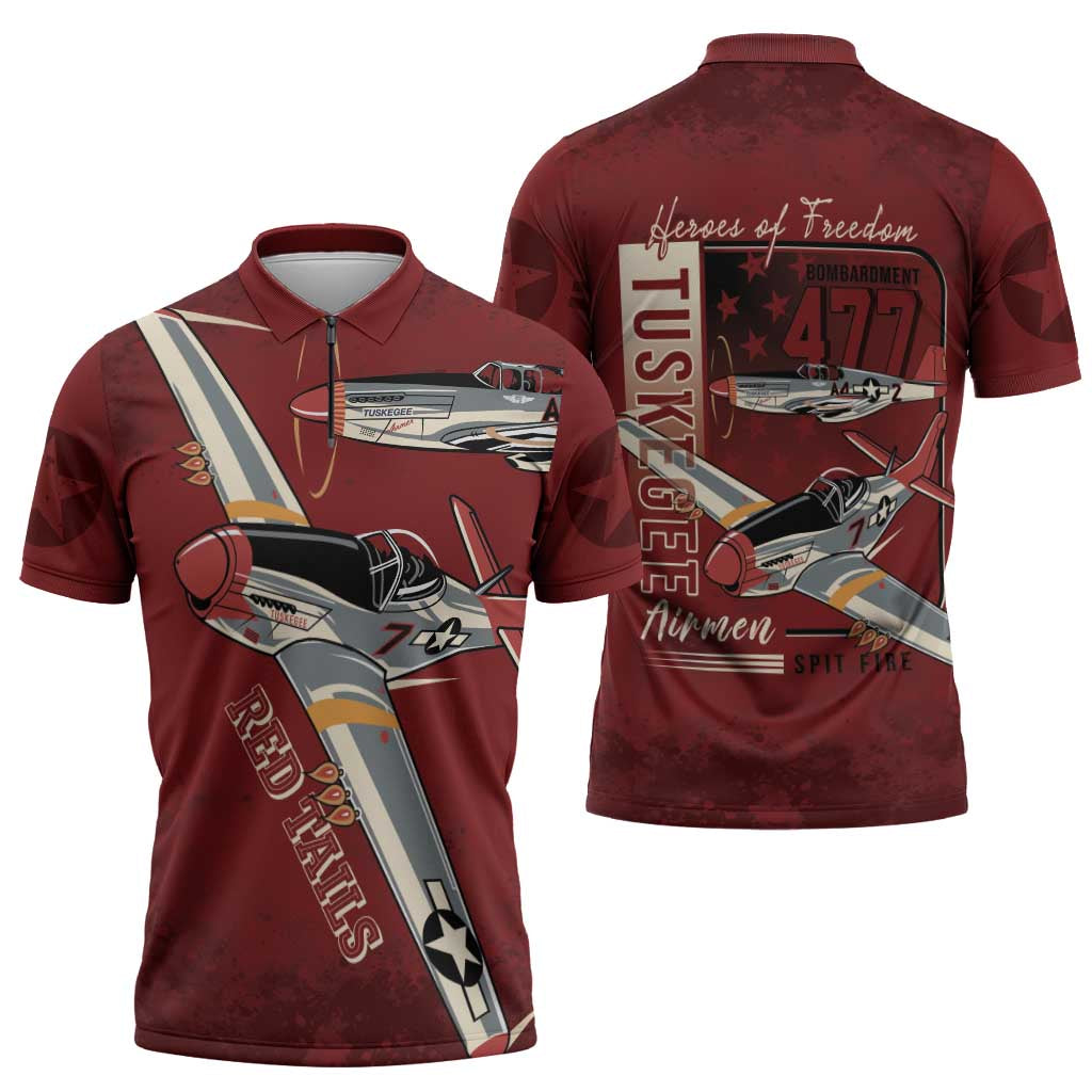 Tuskegee Airmen Spit Fire 477th Zipper Polo Shirt Crimson Grunge - Wonder Print Shop
