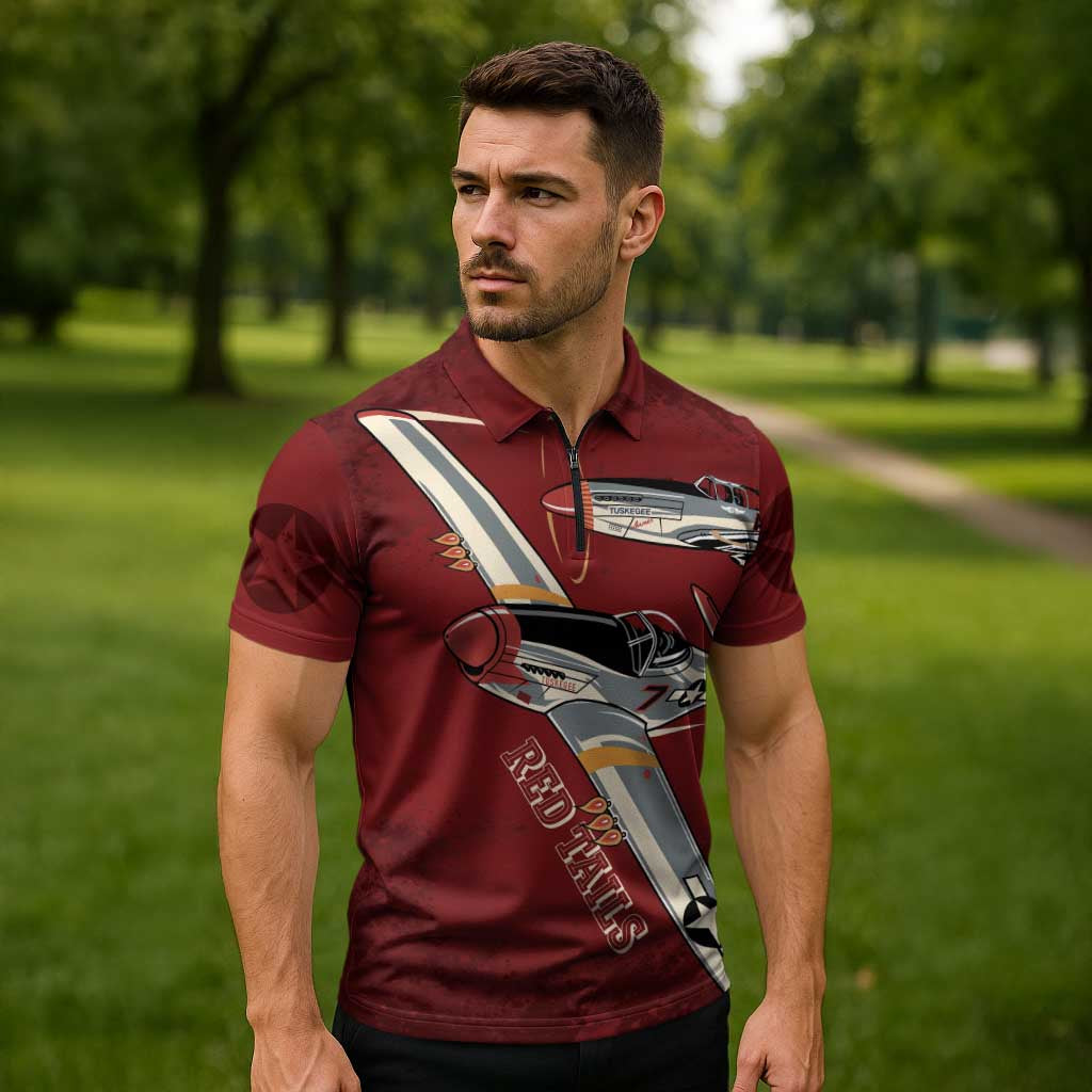 Tuskegee Airmen Spit Fire 477th Zipper Polo Shirt Crimson Grunge - Wonder Print Shop