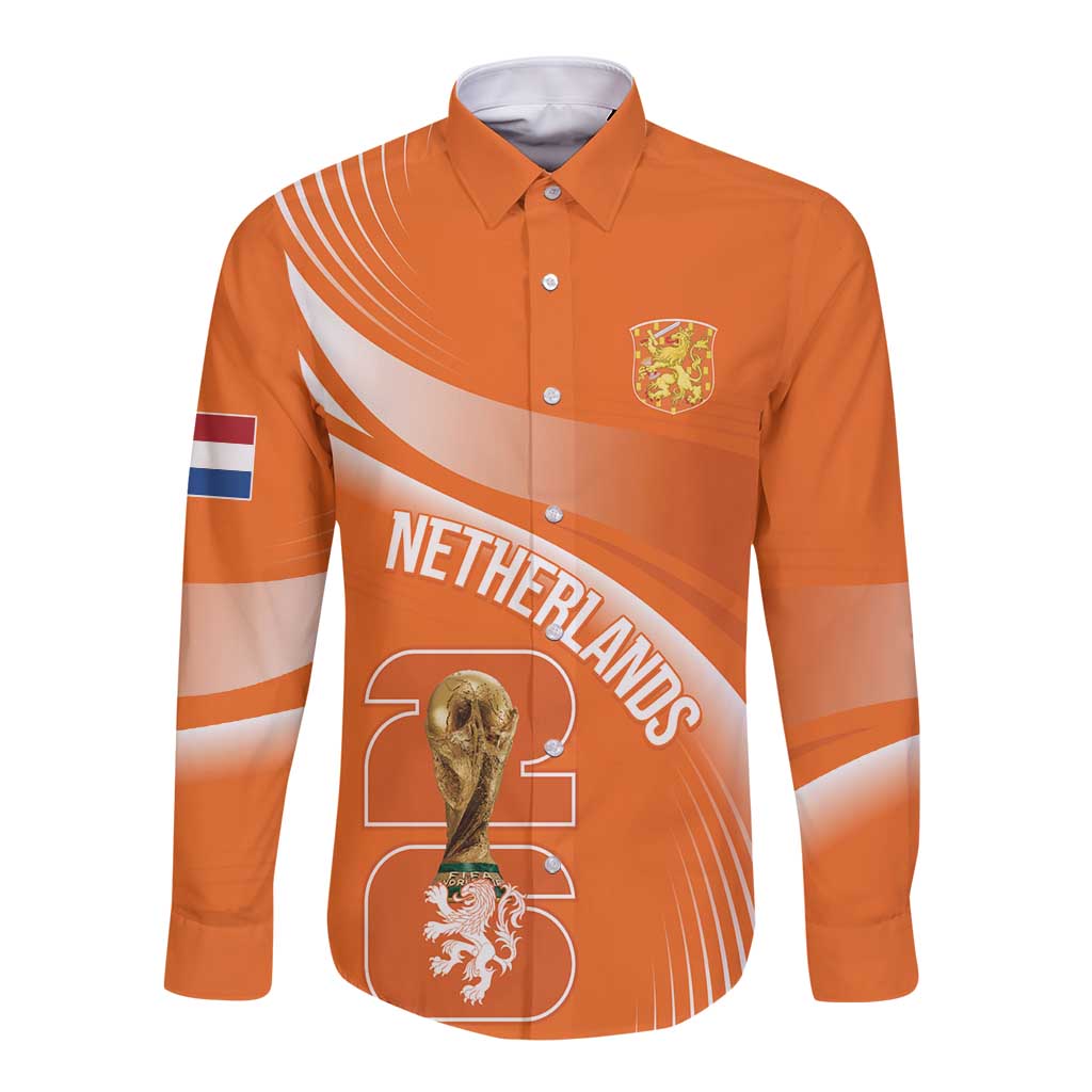 Netherlands Custom Orange Lions WC2026 Long Sleeve Button Shirt - Wonder Print Shop