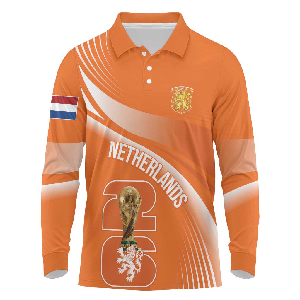 Netherlands Custom Orange Lions WC2026 Long Sleeve Polo Shirt - Wonder Print Shop