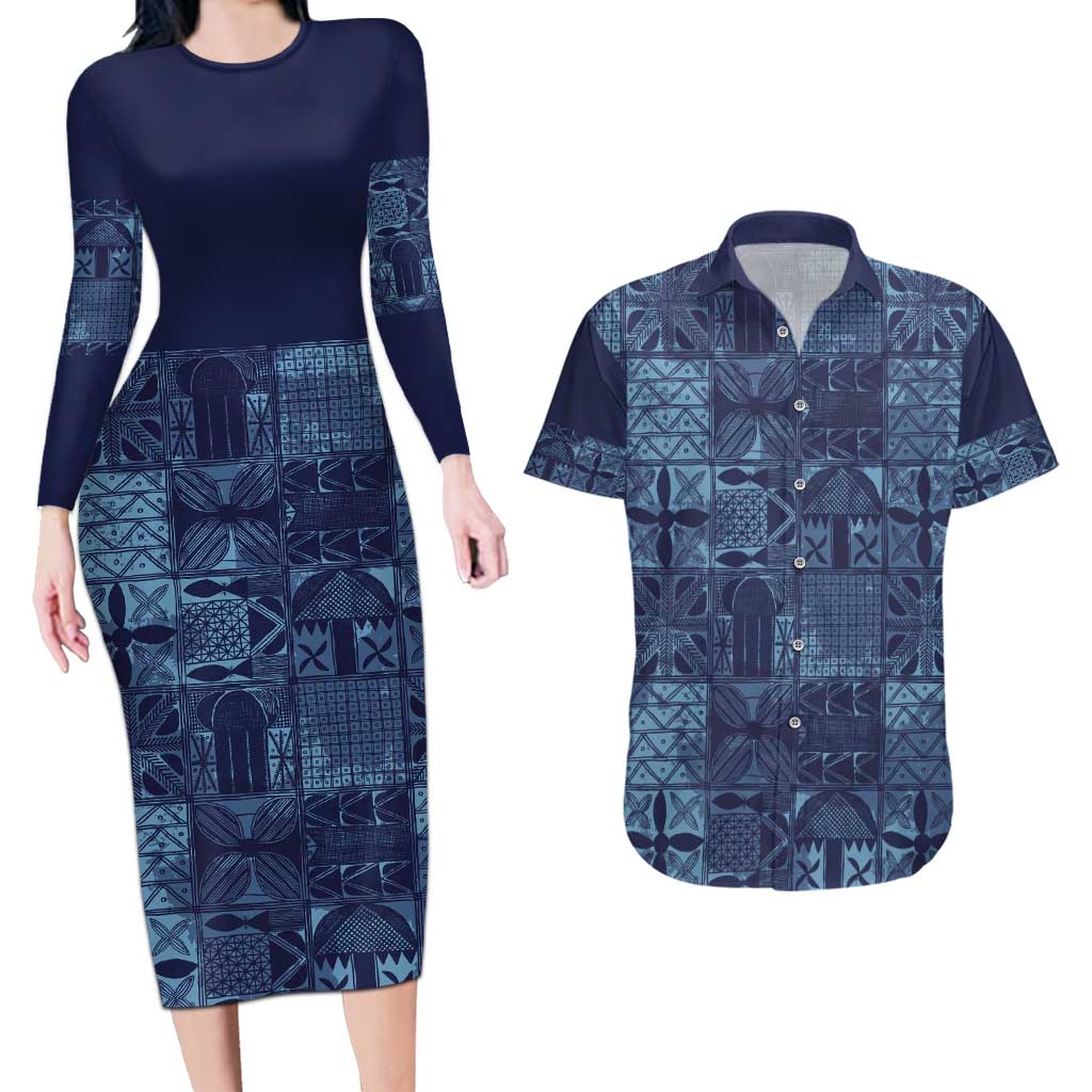 Yoruba Adire Eleko Patterns Couples Matching Long Sleeve Bodycon Dress and Hawaiian Shirt Indigo Vintage