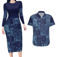 Yoruba Adire Eleko Patterns Couples Matching Long Sleeve Bodycon Dress and Hawaiian Shirt Indigo Vintage