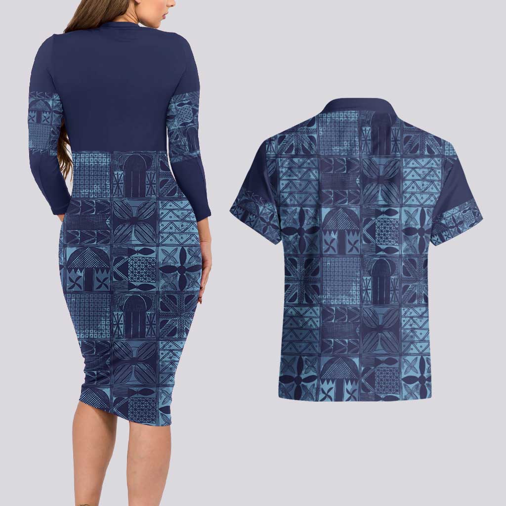 Yoruba Adire Eleko Patterns Couples Matching Long Sleeve Bodycon Dress and Hawaiian Shirt Indigo Vintage