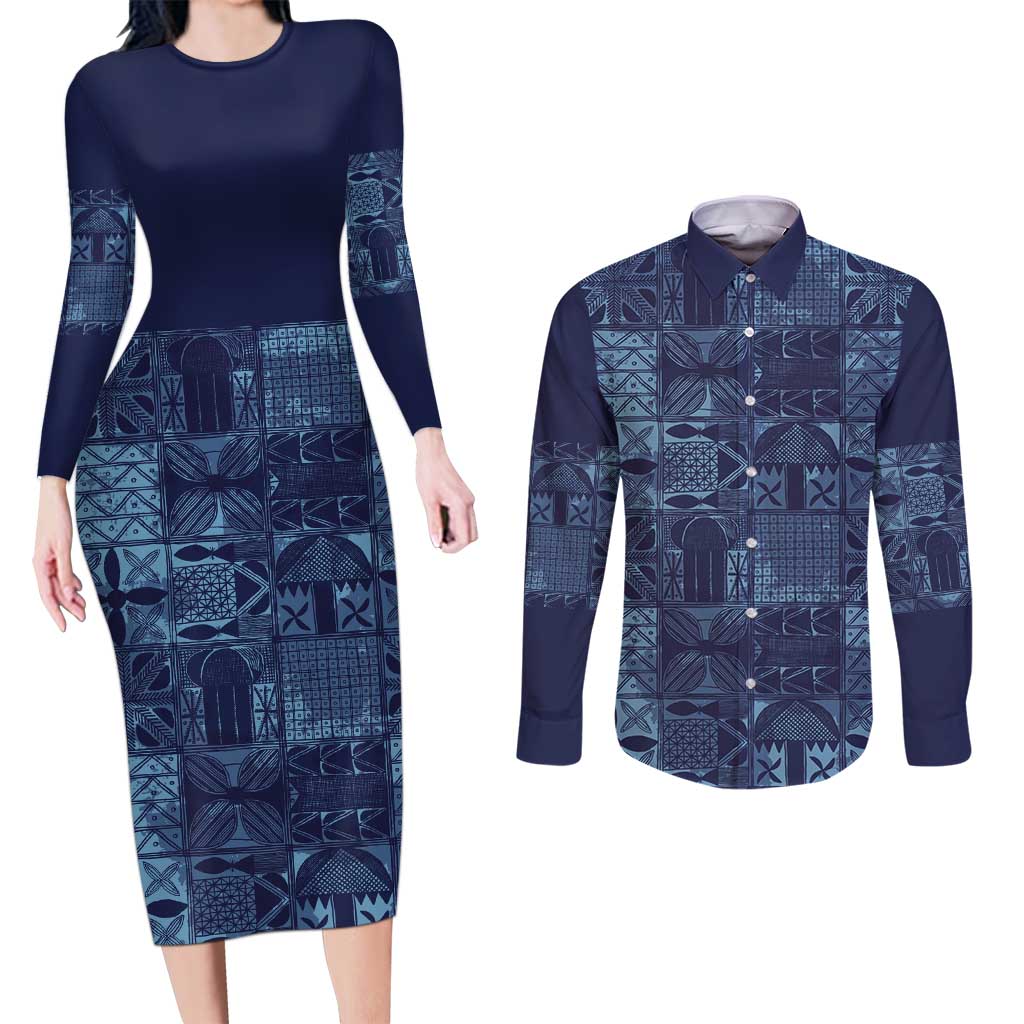 Yoruba Adire Eleko Patterns Couples Matching Long Sleeve Bodycon Dress and Long Sleeve Button Shirt Indigo Vintage