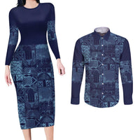 Yoruba Adire Eleko Patterns Couples Matching Long Sleeve Bodycon Dress and Long Sleeve Button Shirt Indigo Vintage