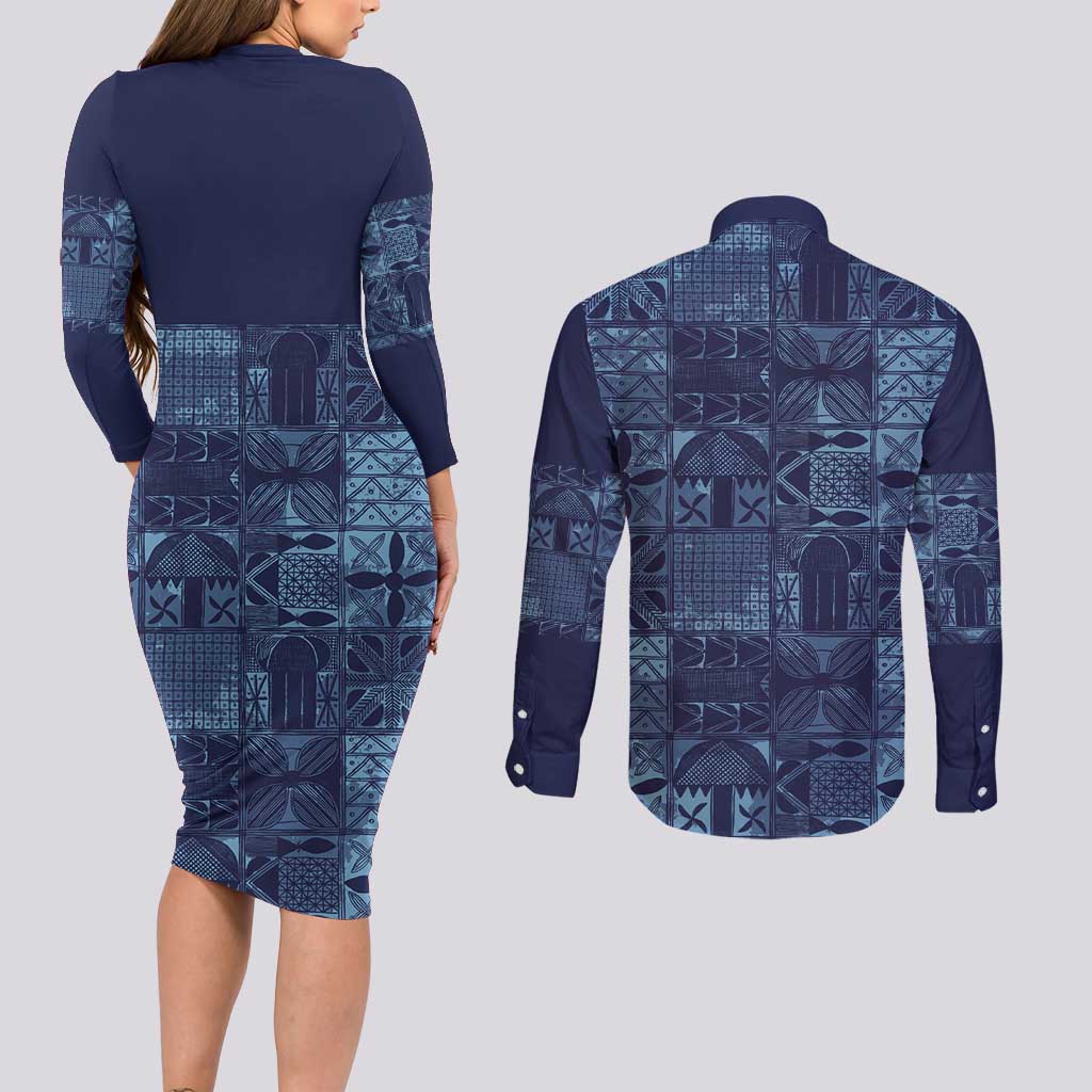 Yoruba Adire Eleko Patterns Couples Matching Long Sleeve Bodycon Dress and Long Sleeve Button Shirt Indigo Vintage