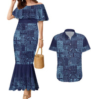 Yoruba Adire Eleko Patterns Couples Matching Mermaid Dress and Hawaiian Shirt Indigo Vintage