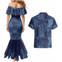 Yoruba Adire Eleko Patterns Couples Matching Mermaid Dress and Hawaiian Shirt Indigo Vintage