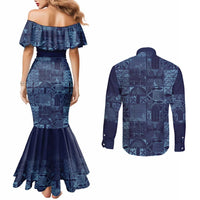 Yoruba Adire Eleko Patterns Couples Matching Mermaid Dress and Long Sleeve Button Shirt Indigo Vintage