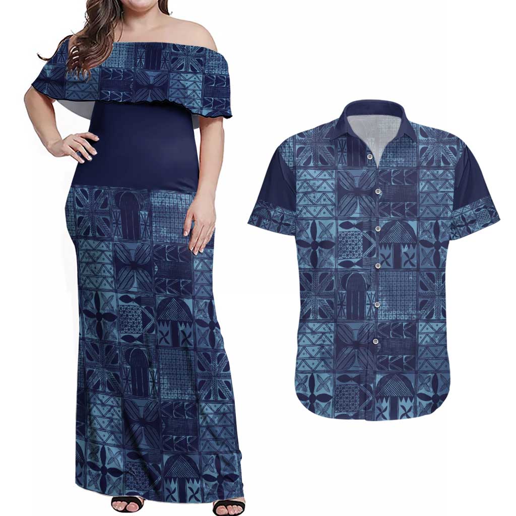 Yoruba Adire Eleko Patterns Couples Matching Off Shoulder Maxi Dress and Hawaiian Shirt Indigo Vintage