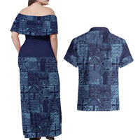 Yoruba Adire Eleko Patterns Couples Matching Off Shoulder Maxi Dress and Hawaiian Shirt Indigo Vintage