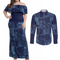 Yoruba Adire Eleko Patterns Couples Matching Off Shoulder Maxi Dress and Long Sleeve Button Shirt Indigo Vintage
