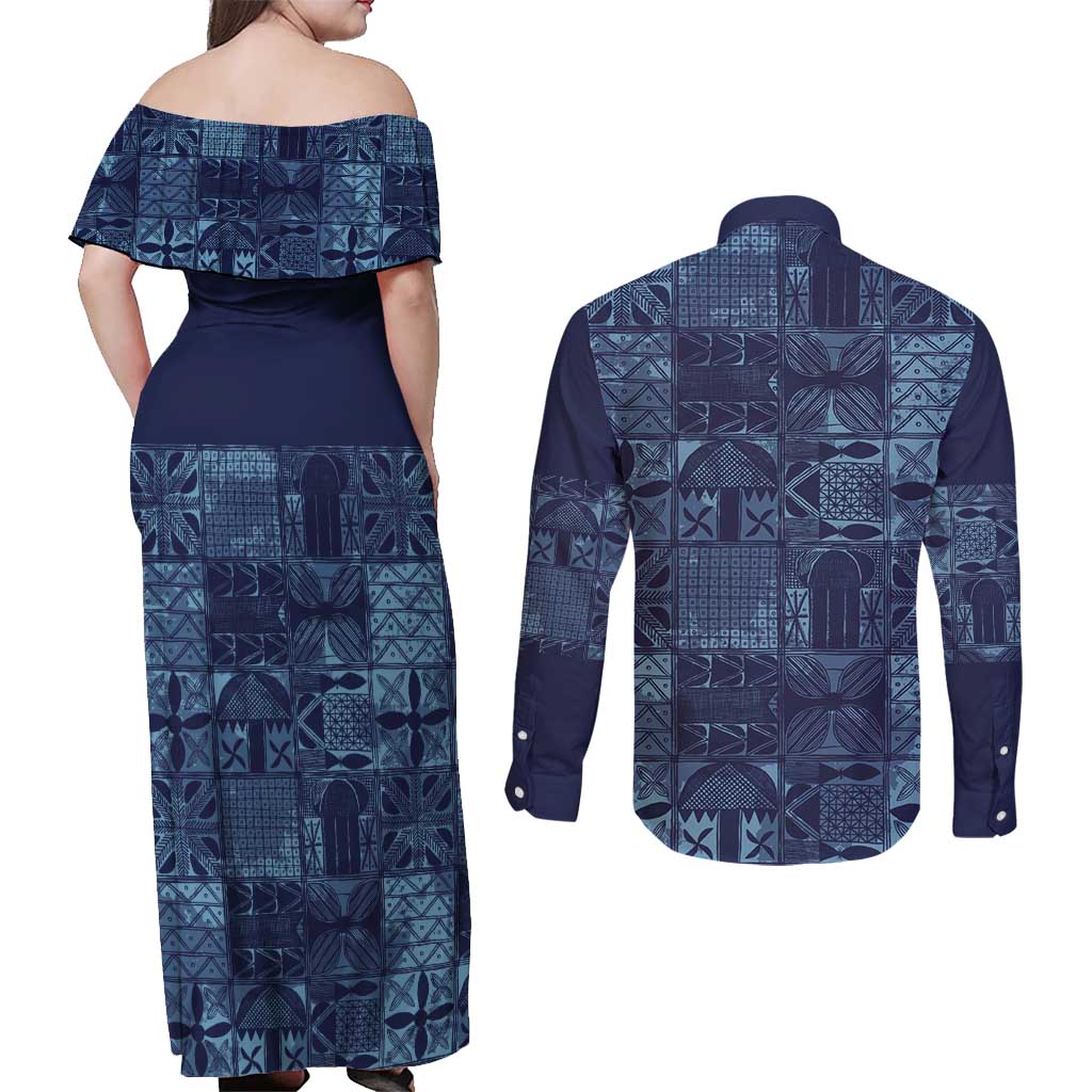Yoruba Adire Eleko Patterns Couples Matching Off Shoulder Maxi Dress and Long Sleeve Button Shirt Indigo Vintage