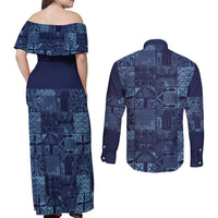 Yoruba Adire Eleko Patterns Couples Matching Off Shoulder Maxi Dress and Long Sleeve Button Shirt Indigo Vintage