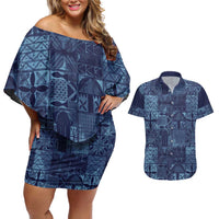 Yoruba Adire Eleko Patterns Couples Matching Off Shoulder Short Dress and Hawaiian Shirt Indigo Vintage