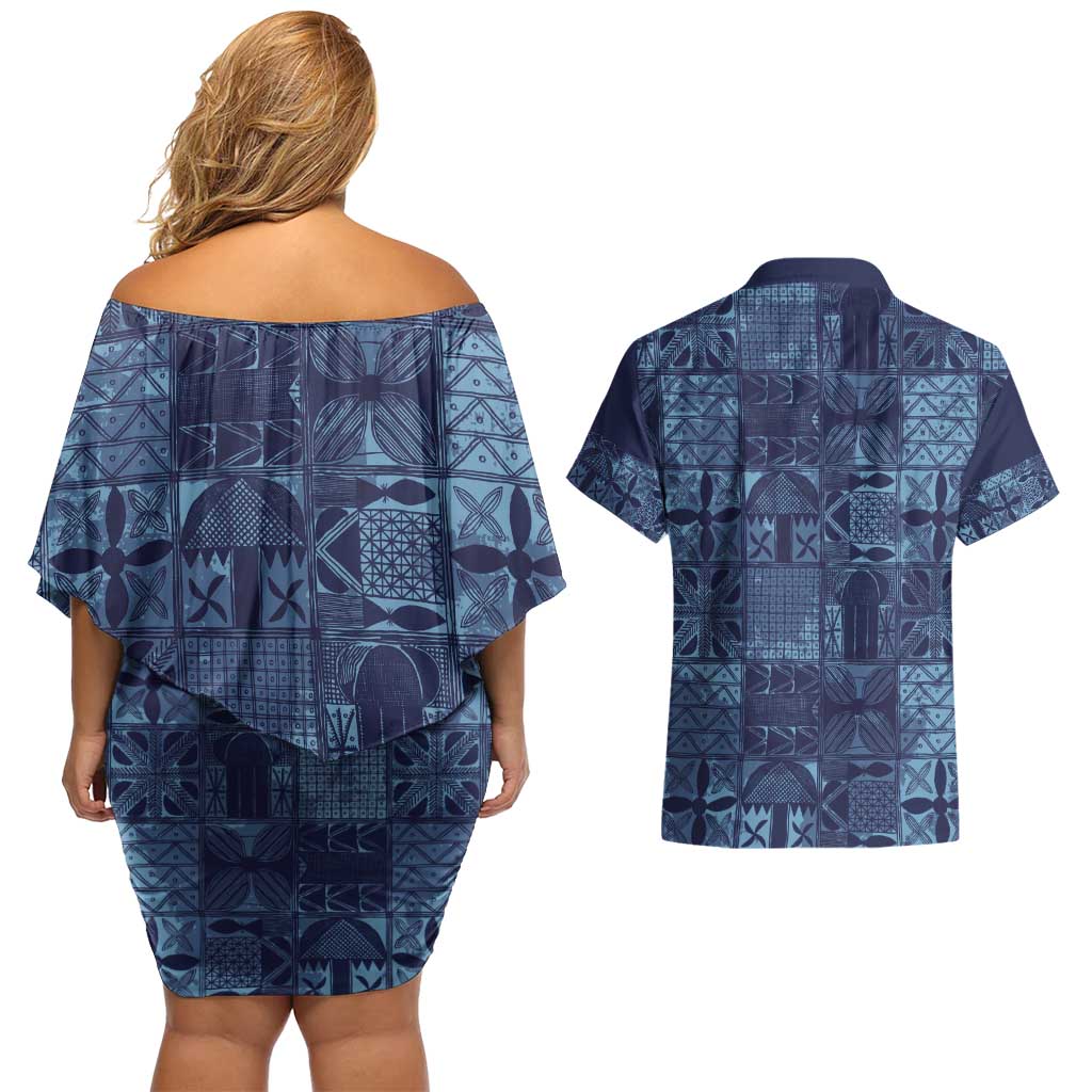 Yoruba Adire Eleko Patterns Couples Matching Off Shoulder Short Dress and Hawaiian Shirt Indigo Vintage