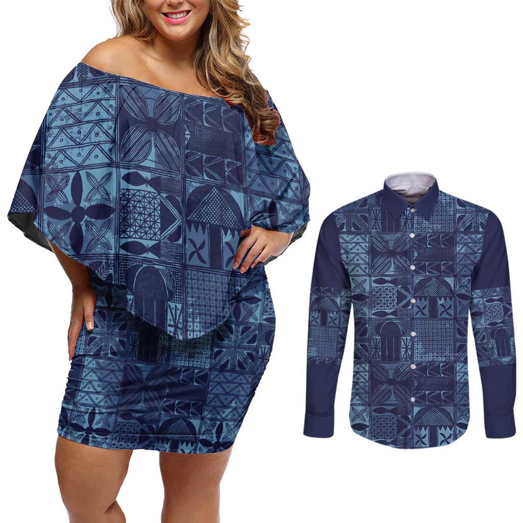 Yoruba Adire Eleko Patterns Couples Matching Off Shoulder Short Dress and Long Sleeve Button Shirt Indigo Vintage