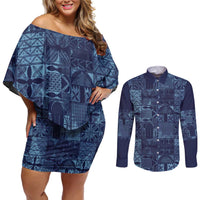Yoruba Adire Eleko Patterns Couples Matching Off Shoulder Short Dress and Long Sleeve Button Shirt Indigo Vintage