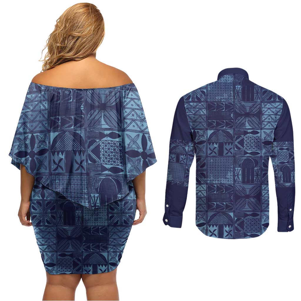Yoruba Adire Eleko Patterns Couples Matching Off Shoulder Short Dress and Long Sleeve Button Shirt Indigo Vintage