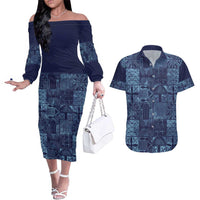Yoruba Adire Eleko Patterns Couples Matching Off The Shoulder Long Sleeve Dress and Hawaiian Shirt Indigo Vintage