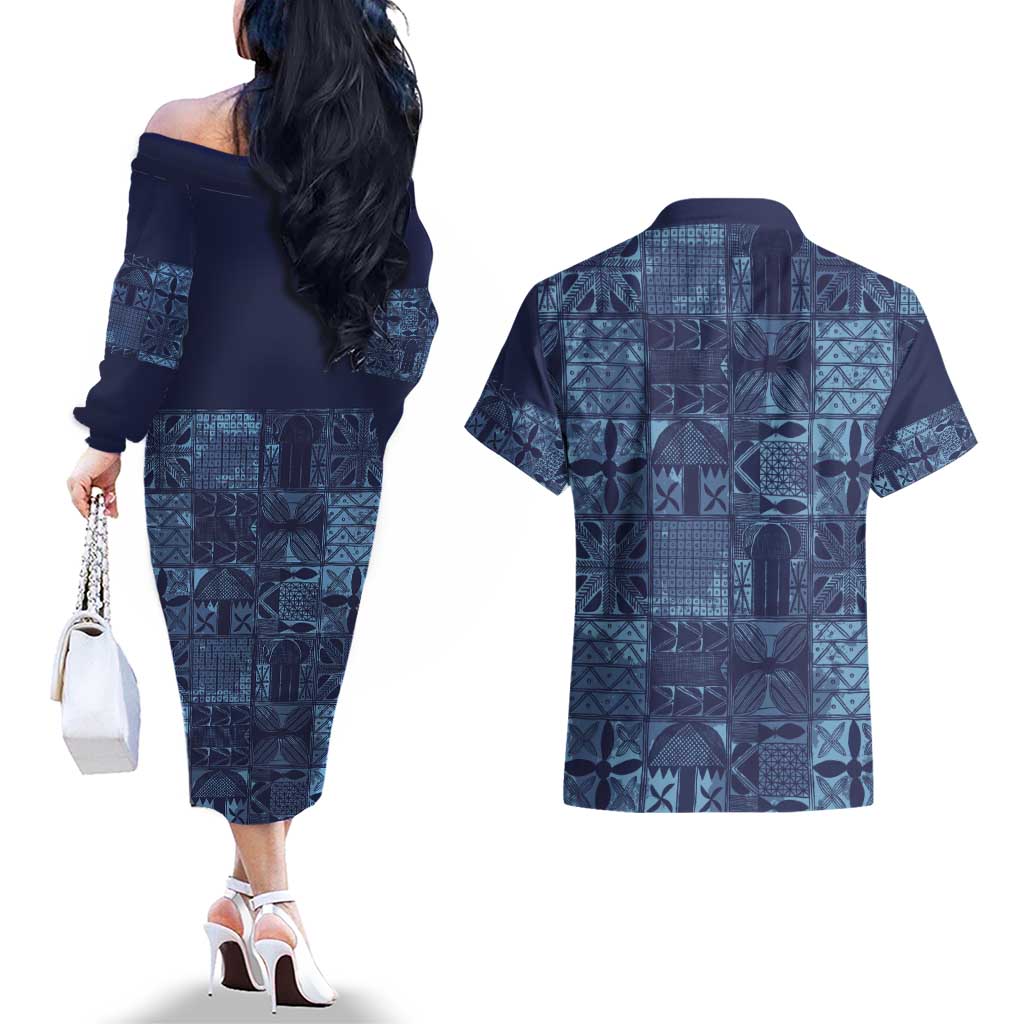 Yoruba Adire Eleko Patterns Couples Matching Off The Shoulder Long Sleeve Dress and Hawaiian Shirt Indigo Vintage