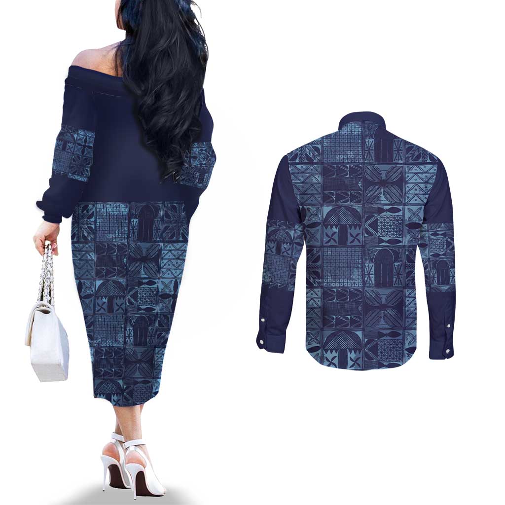 Yoruba Adire Eleko Patterns Couples Matching Off The Shoulder Long Sleeve Dress and Long Sleeve Button Shirt Indigo Vintage