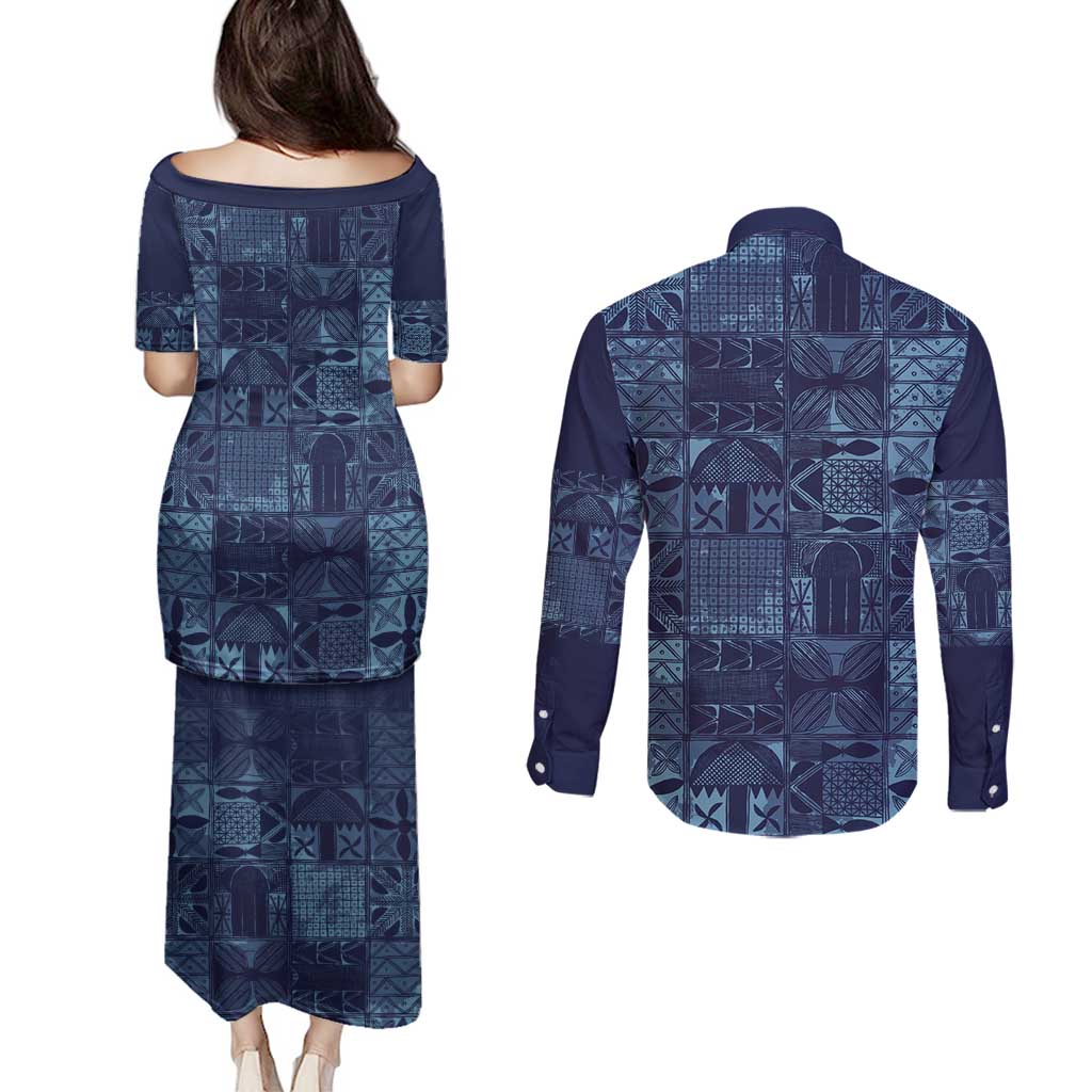 Yoruba Adire Eleko Patterns Couples Matching Puletasi and Long Sleeve Button Shirt Indigo Vintage