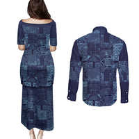 Yoruba Adire Eleko Patterns Couples Matching Puletasi and Long Sleeve Button Shirt Indigo Vintage