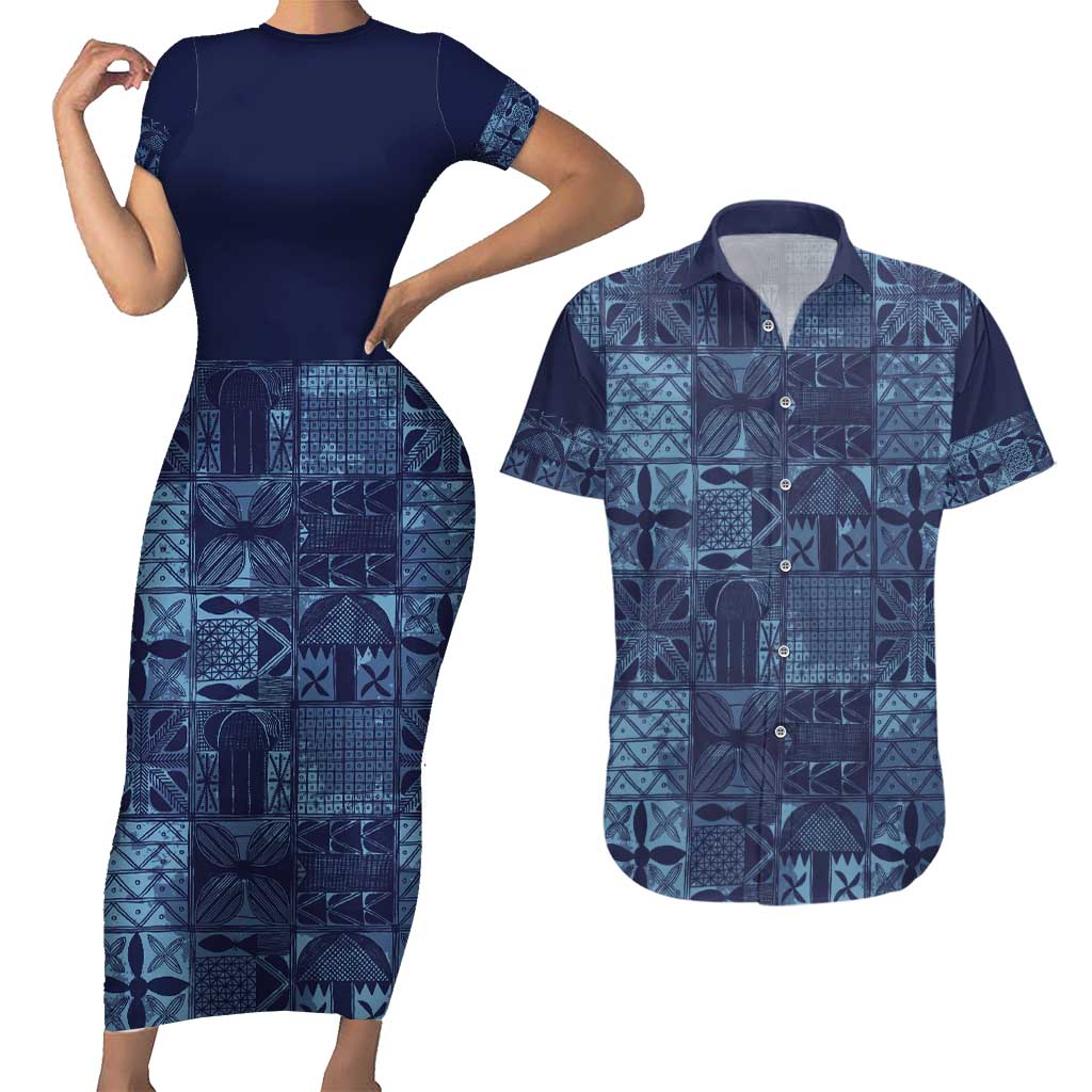Yoruba Adire Eleko Patterns Couples Matching Short Sleeve Bodycon Dress and Hawaiian Shirt Indigo Vintage
