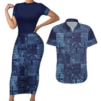 Yoruba Adire Eleko Patterns Couples Matching Short Sleeve Bodycon Dress and Hawaiian Shirt Indigo Vintage