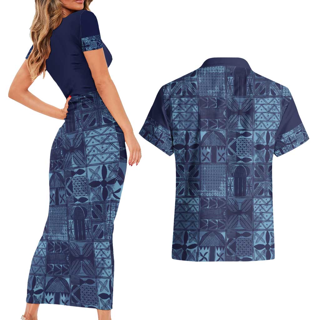 Yoruba Adire Eleko Patterns Couples Matching Short Sleeve Bodycon Dress and Hawaiian Shirt Indigo Vintage
