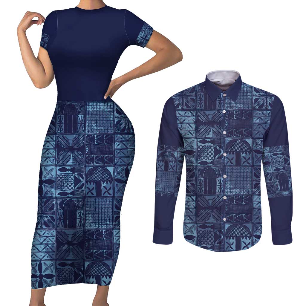 Yoruba Adire Eleko Patterns Couples Matching Short Sleeve Bodycon Dress and Long Sleeve Button Shirt Indigo Vintage