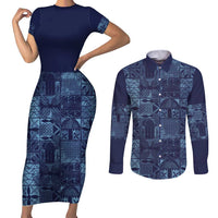 Yoruba Adire Eleko Patterns Couples Matching Short Sleeve Bodycon Dress and Long Sleeve Button Shirt Indigo Vintage