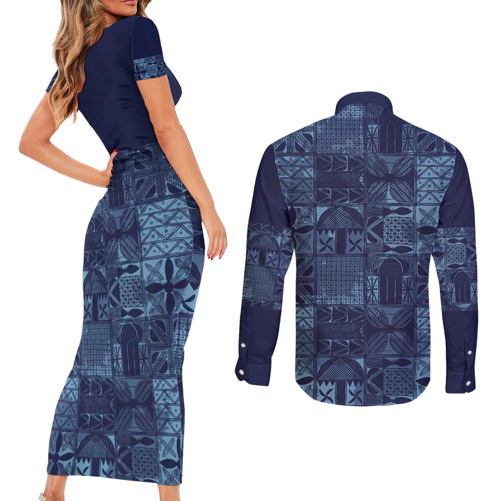 Yoruba Adire Eleko Patterns Couples Matching Short Sleeve Bodycon Dress and Long Sleeve Button Shirt Indigo Vintage