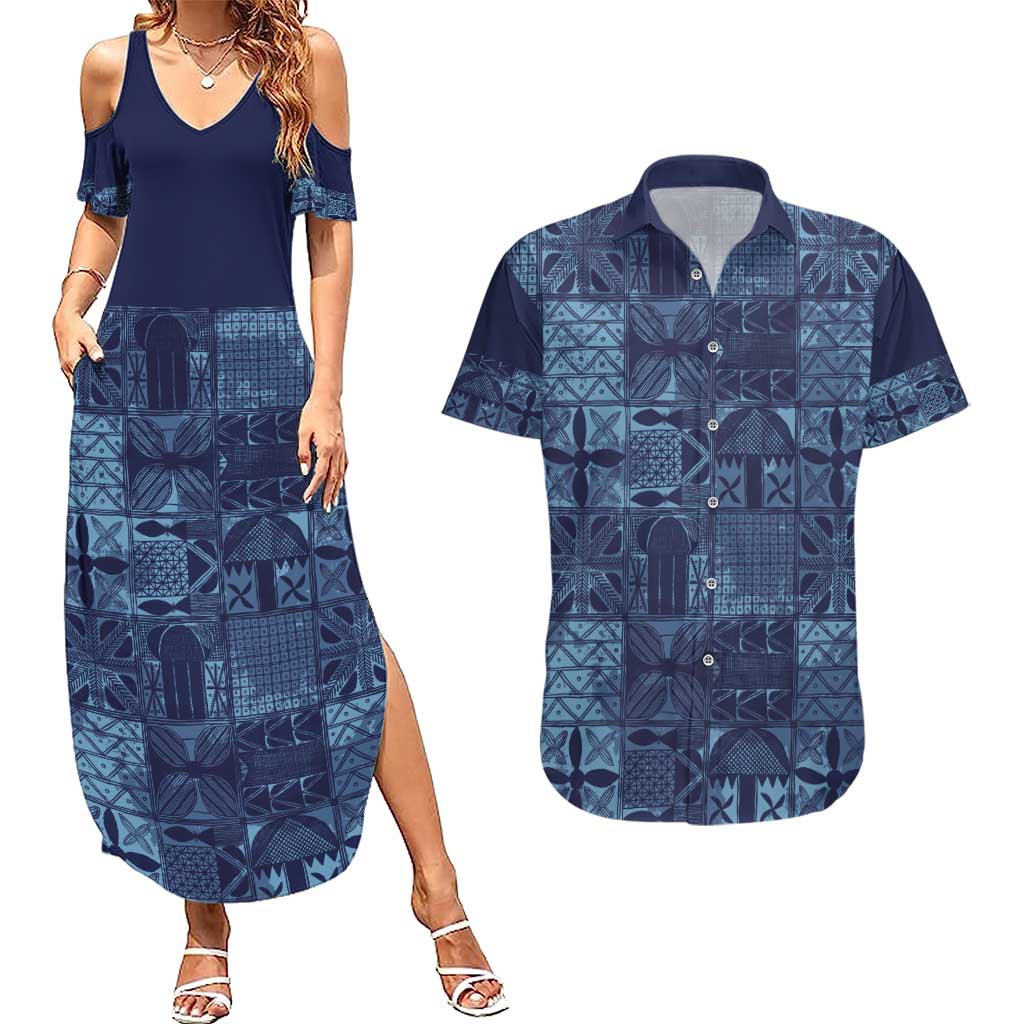 Yoruba Adire Eleko Patterns Couples Matching Summer Maxi Dress and Hawaiian Shirt Indigo Vintage