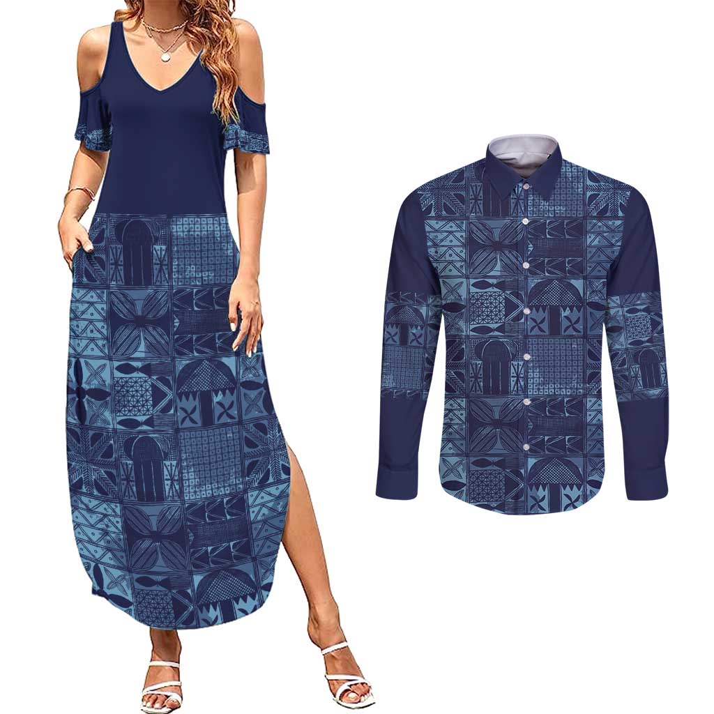 Yoruba Adire Eleko Patterns Couples Matching Summer Maxi Dress and Long Sleeve Button Shirt Indigo Vintage