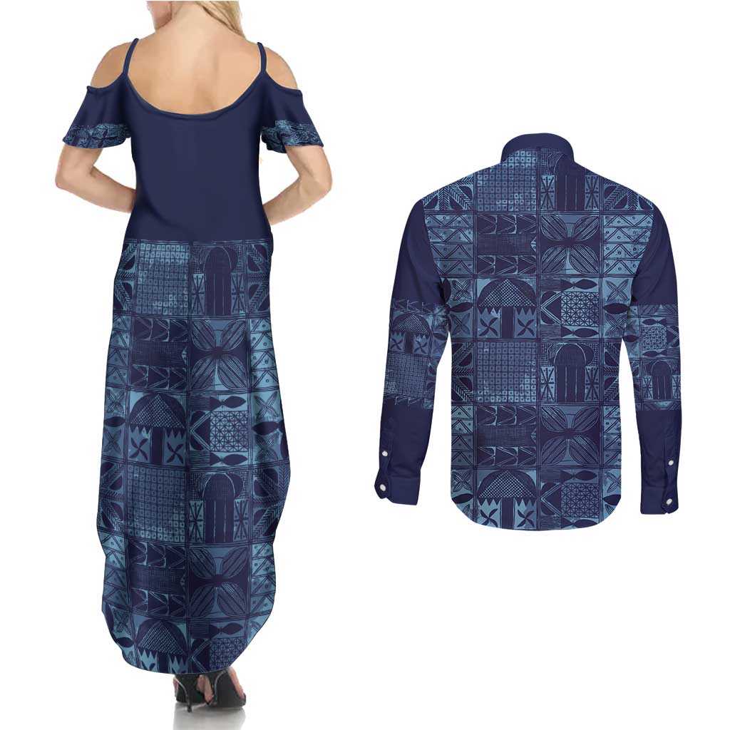 Yoruba Adire Eleko Patterns Couples Matching Summer Maxi Dress and Long Sleeve Button Shirt Indigo Vintage