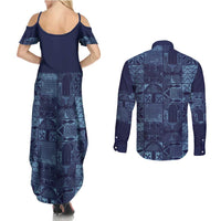 Yoruba Adire Eleko Patterns Couples Matching Summer Maxi Dress and Long Sleeve Button Shirt Indigo Vintage