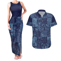 Yoruba Adire Eleko Patterns Couples Matching Tank Maxi Dress and Hawaiian Shirt Indigo Vintage